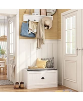 Shoe bench with two lockers, white wooden shoe rack with coat rack, Entryway Bench