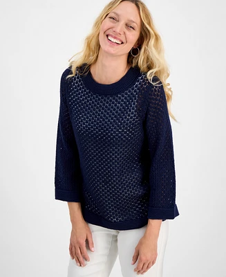 Style & Co Women's Cotton Open-Knit 3/4-Sleeve Sweater, Exclusively at Macy's