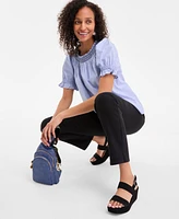Style & Co Women's Cotton Contrast-Stitch Puff-Sleeve Top, Exclusively at Macy's