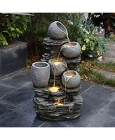 LuxenHome 3-Tier Gray Pots on Stacked Rocks 2.5-Feet Tall Outdoor Polyresin Fountain with Lights and Gray Side Planter