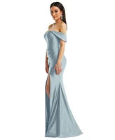 Cynthia & Sahar Women's Off-the-Shoulder Corset Stretch Satin Mermaid Dress with Slight Train