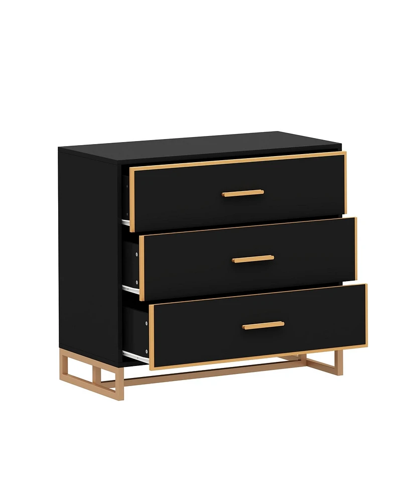Bedside table with 3 drawers, side table with gold metal handles and feet, end table in black wood, suitable for bedrooms, living rooms, offices