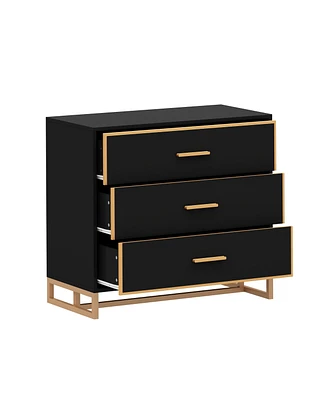 Bedside table with 3 drawers, side table with gold metal handles and feet, end table in black wood, suitable for bedrooms, living rooms, offices