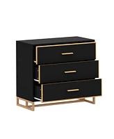 Bedside table with 3 drawers, side table with gold metal handles and feet, end table in black wood, suitable for bedrooms, living rooms, offices