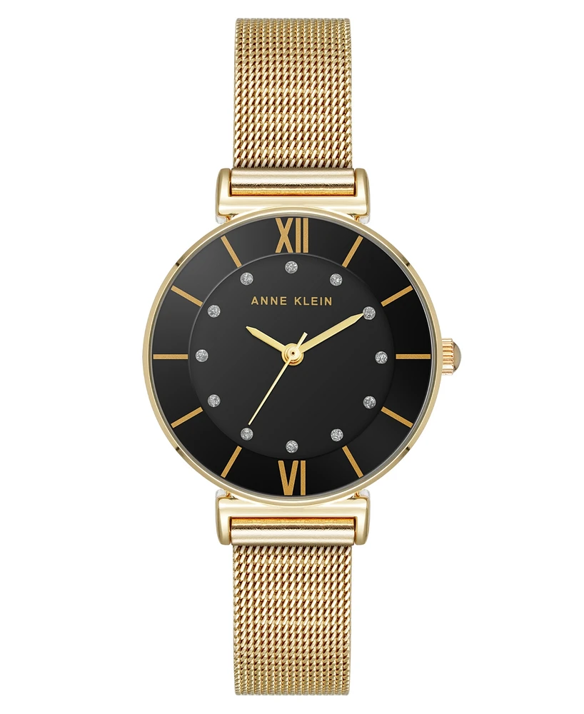 Anne Klein Women's Premium Round Gold-Tone Stainless Steel Mesh and Black Dial Watch, 29mm