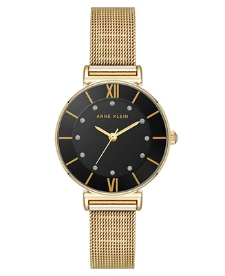 Anne Klein Women's Premium Round Gold-Tone Stainless Steel Mesh and Black Dial Watch, 29mm