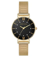 Anne Klein Women's Premium Round Gold-Tone Stainless Steel Mesh and Black Dial Watch, 29mm