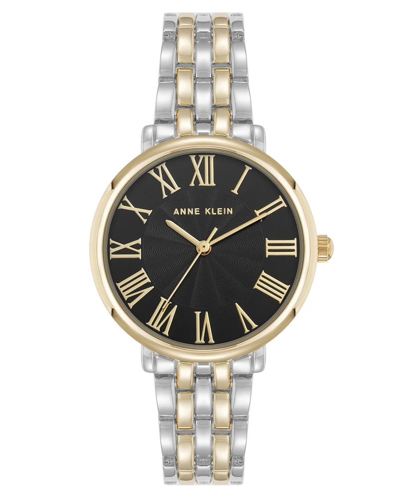 Anne Klein Women's Quartz Round Roman Numeral Two-Tone Metal Alloy and Black Dial Watch, 32mm