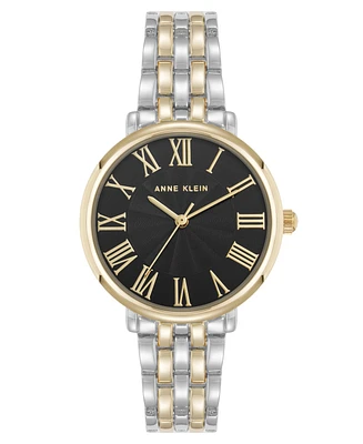 Anne Klein Women's Quartz Round Roman Numeral Two-Tone Metal Alloy and Black Dial Watch, 32mm