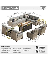 Xizzi 13 Piece Outdoor Patio Furniture Sets with Fire Pit Table,All Weather Wicker Sectional Sofa Extra Deep Swivel Chairs and Solar Powere