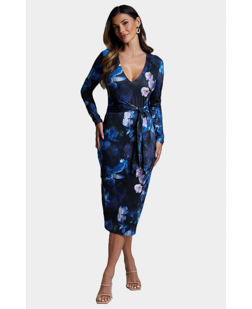 Bebe Women's Tie Waist Printed Midi Knit Dress