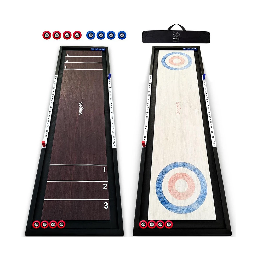 Swooc 2-in-1 Shuffleboard and Curling | 100% Solid Wood Shuffleboard Table (4ft) | With 5+ Games | Board Game Table Top Games