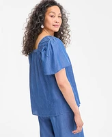 Style & Co Petite Flutter-Sleeve Chambray Top, Exclusively at Macy's