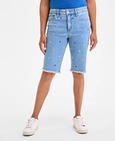 Women's Embroidered Mid-Rise Denim Bermuda Shorts, Exclusively at Macy's