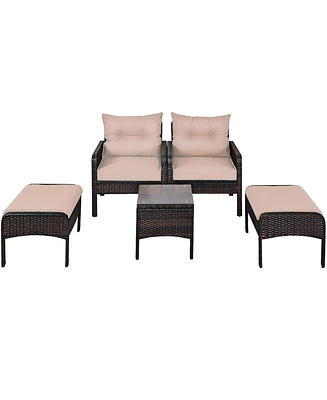 5 Pcs Patio Rattan Wicker Furniture Set Sofa Ottoman Coffee Table Cushioned Yard