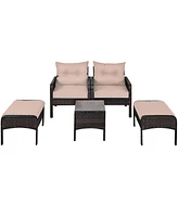 5 Pcs Patio Rattan Wicker Furniture Set Sofa Ottoman Coffee Table Cushioned Yard