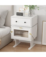 Robot-style bedside table with rotatable head, side table with glass doors, white wooden end table, suitable for bedrooms, living rooms, offices
