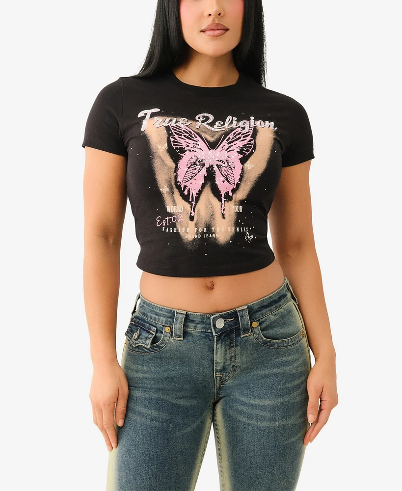 True Religion Women's Short Sleeve Crystal Butterfly Baby T-Shirt
