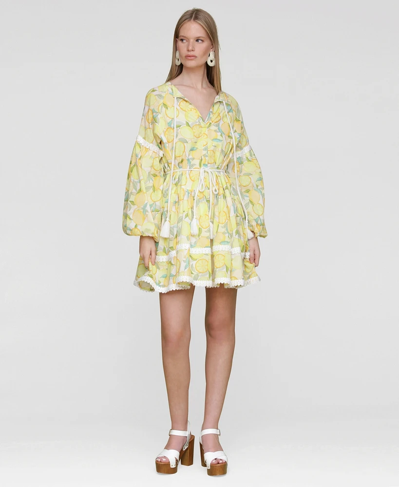 Avec Les Filles Women's Cotton Lemon-Print Split-Neck Prairie Mini Dress