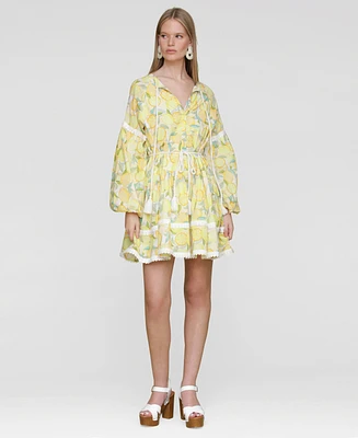 Avec Les Filles Women's Cotton Lemon-Print Split-Neck Prairie Mini Dress