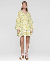 Avec Les Filles Women's Cotton Lemon-Print Split-Neck Prairie Mini Dress