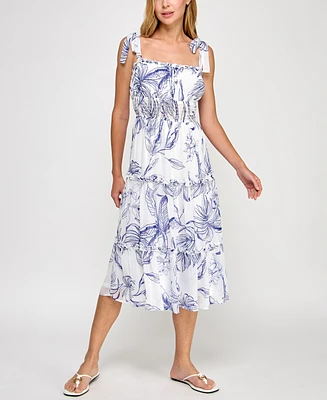 Trixxi Juniors' Printed Tie-Shoulder Midi Dress