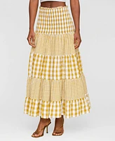 Avec Les Filles Women's Cotton Check Tiered Smocked-Waist Maxi Skirt