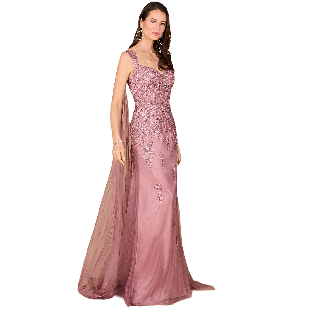 Lara Women's Embroidered Lace Gown with Flowing Capes