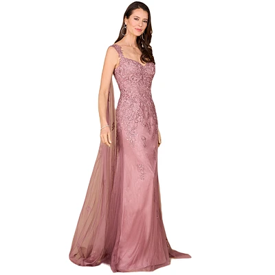 Lara Women's Embroidered Lace Gown with Flowing Capes