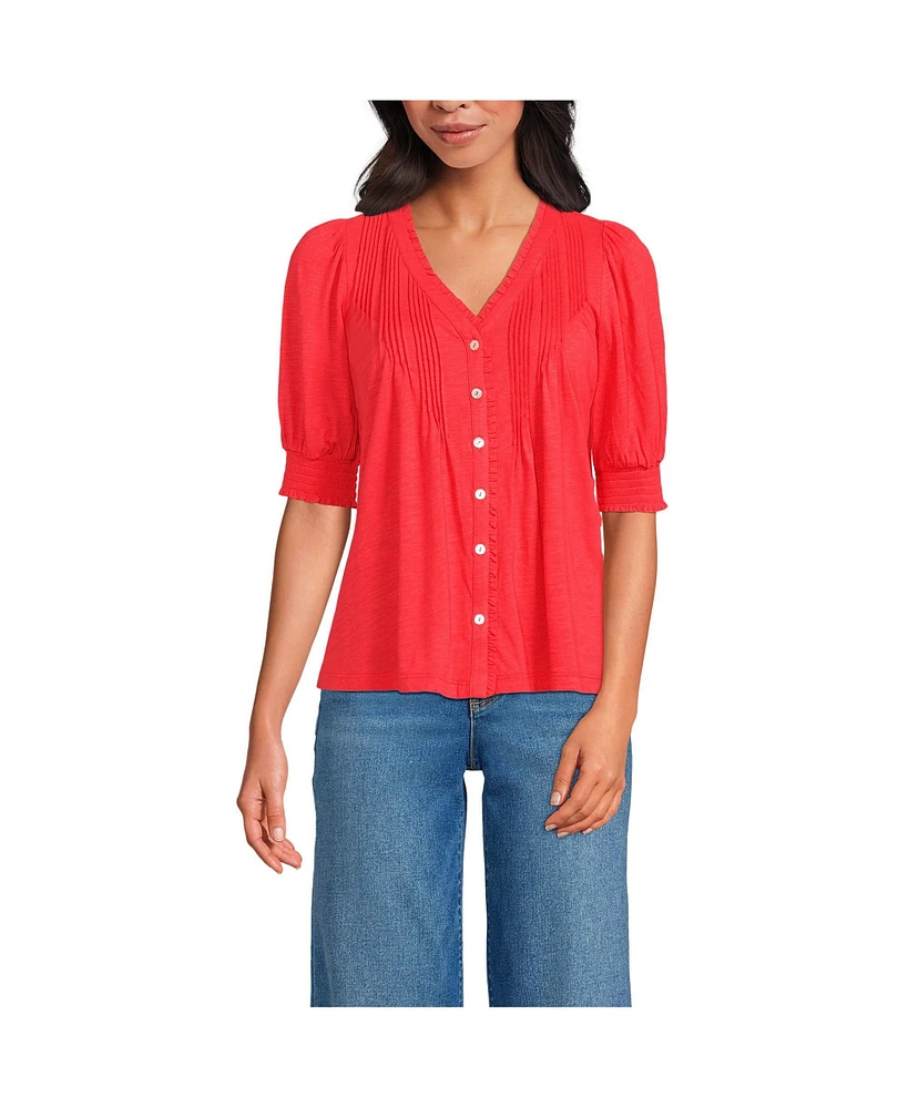 Lands' End Women's Button Pintuck Puff Sleeve Top