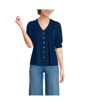 Lands' End Women's Button Pintuck Puff Sleeve Top