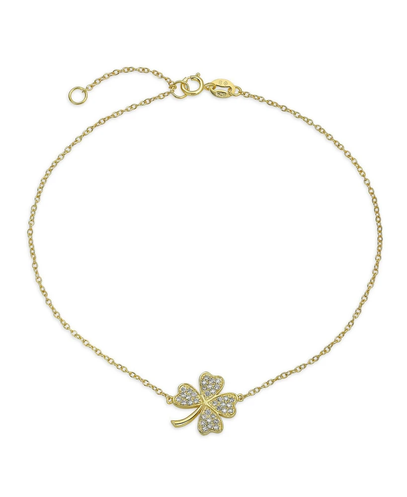 Bling Jewelry Cubic Zirconia Cz Four Leaf Clover Shamrock Flower Anklet Lucky Charm Link Ankle Bracelet Yellow Gold Plated .925 Sterling Silver