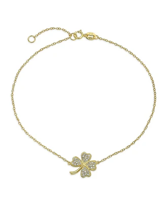 Bling Jewelry Cubic Zirconia Cz Four Leaf Clover Shamrock Flower Anklet Lucky Charm Link Ankle Bracelet Yellow Gold Plated .925 Sterling Silver
