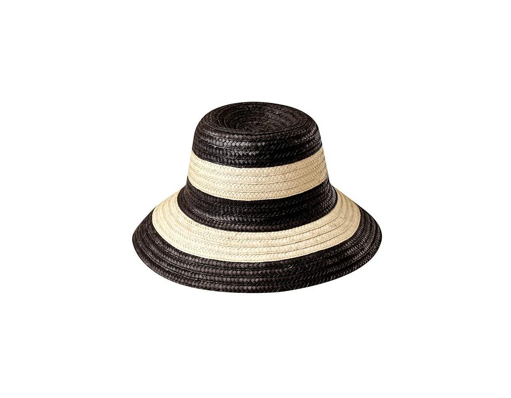 Nona Striped Bucket Palm Straw Hat Black and Natural
