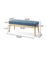 Mid Century Modern Upholstered Bench with Button Tufting and Birch Wood Legs for Dining Room, Hallway, or Office-The Pop Home