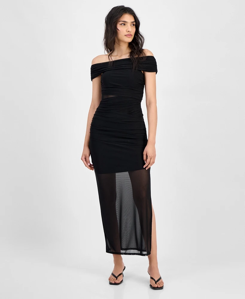 Bar Iii Women's Off-The-Shoulder Ruched Mesh Dress, Exclusively at Macy's