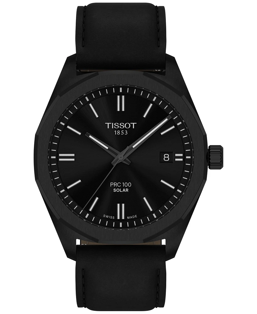 Tissot Men's Swiss Prc 100 Solar Quartz Black Leather Strap Watch 39mm