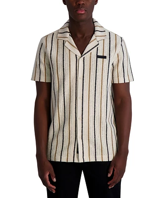 Karl Lagerfeld Paris Men's Short Sleeve Textured Striped Button-Front Camp Shirt