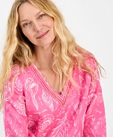 Charter Club Women's Printed 100% Linen Embellished Top, Exclusively at Macy's