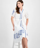 T Tahari Women's Cotton Embroidered Fit & Flare Dress