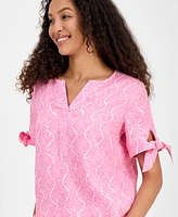 Charter Club Women's Linen Printed Tie-Cuff Blouse, Exclusively at Macy's