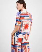 T Tahari Women's Printed Short-Sleeve Button Blouse