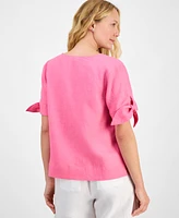 Charter Club Women's 100% Linen Split-Neck Tie-Cuff Top