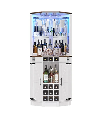 Farmhouse Corner Bar Cabinet with Rgb Led Lighting, Barn Style 32.3'' Wine Bar