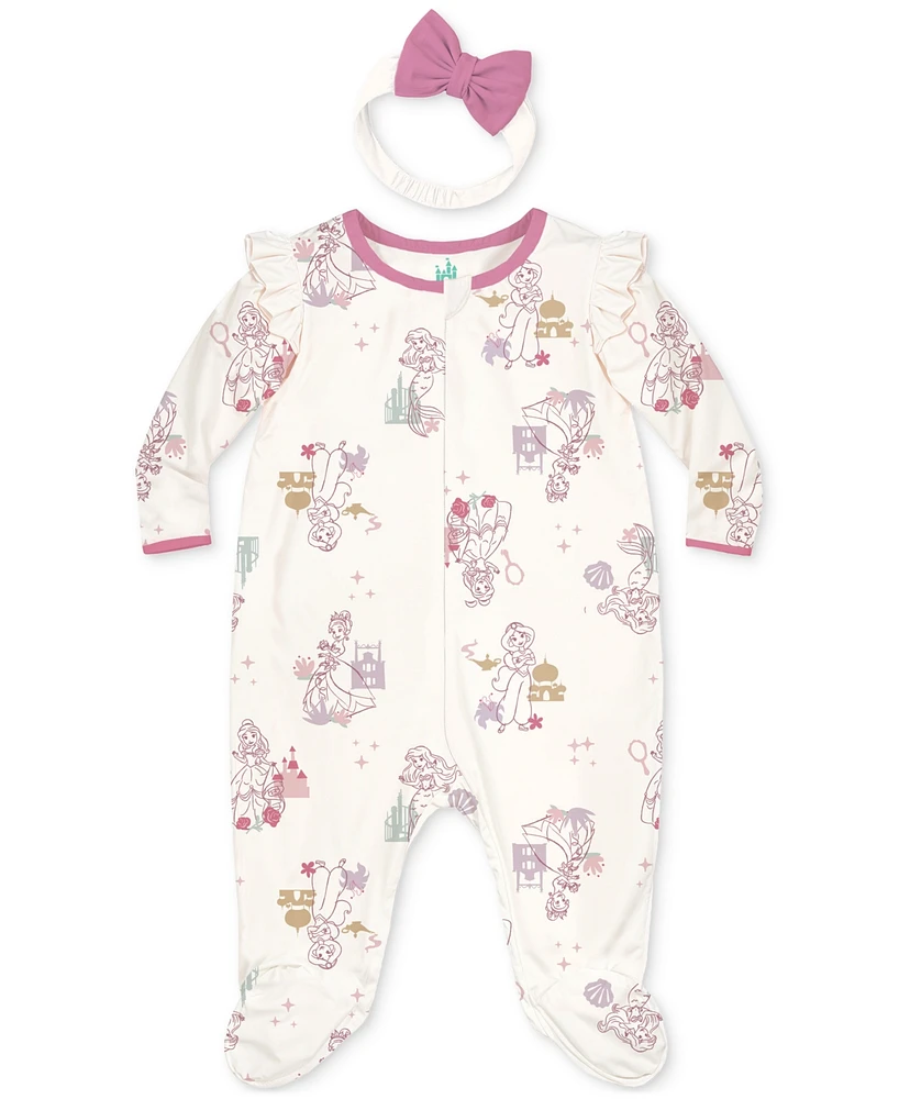 Disney Baby Girls Princesses Footed Coverall & Headband, 2 Piece Set