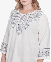 Alfred Dunner Plus Summer Solstice Linear Embroidered Tie Sleeve Top