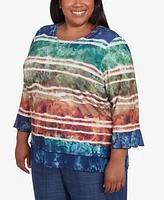 Alfred Dunner Plus Summer Solstice Tie Dye Striped Biadere Crew Neck Top