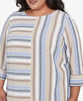 Alfred Dunner Plus Summer Solstice Spliced Stripe Button Shoulder Crew Neck Top