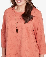 Alfred Dunner Plus Natural Instinct Solid Leaf Embroidered Top with Necklace