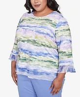 Alfred Dunner Plus Santa Fe Watercolor Biadere Striped Crew Neck Top
